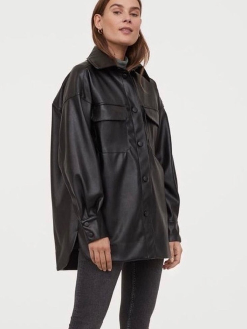 H&M Black Leather Look Oversized Button Down